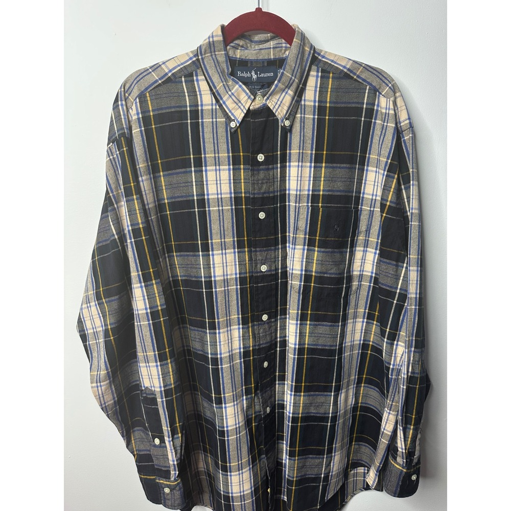 Ralph Lauren Big Shirt Mens Medium Blue Yellow Plaid Cotton Button Down Long Slv
